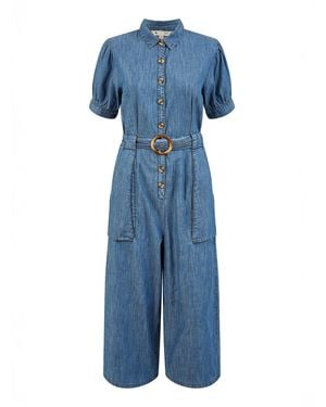 Yumi' Cotton Chambray Button Up Jumpsuit - Blue