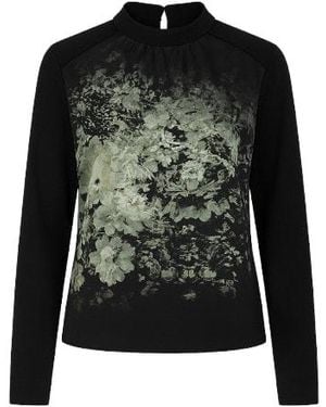 Conquista Relaxed Long Sleeve Woven Top With Pleat Detail & Button Fastening - Black