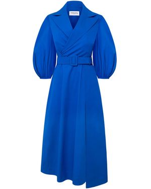 Femponiq 'Wide Lapel Asymmetric Belted Midi Cotton Dress - Blue