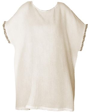 Haris Cotton Loose Fit Textured Cotton Blouse With Lace Trim Ecru - Natural