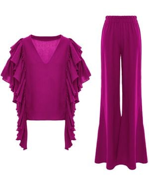 BLUZAT Fuchsia Co-Ord Set With Ruffle Sleeve Top & Wide Leg Pants - Purple