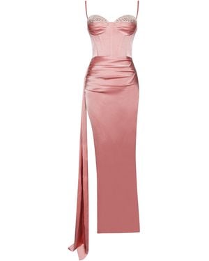 Miss Circle New York Vanity Blush Satin High Slit Draping Corset Gown With Crystals - Pink
