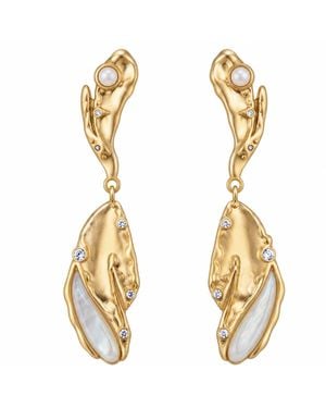 Rare Matters Jewelry Sculptural Mother Of Pearl Leaf Drop Earrings Cz Organic Earrings - Metallic