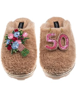 Laines London Teddy Closed Toe Slippers With 50Th Birthday & Flowers Brooches - Brown
