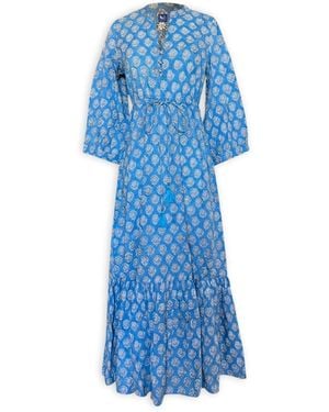 Pick Happy Mermaid Maxi Dress Botanical Azure Handblock Cotton - Blue