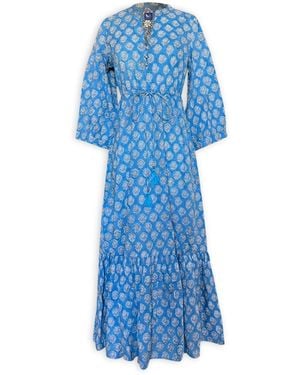 Pick Happy Mermaid Maxi Dress Botanical Azure Handblock Cotton - Blue