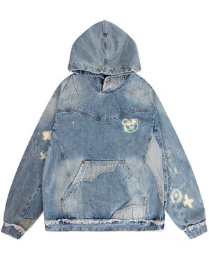 X Ilona Blue Graffiti Teddy Bear Custom Distressed Denim Hoodie - Blue