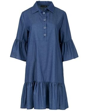 Conquista Denim Bell Sleeve Dress With Ruffle Hem - Blue
