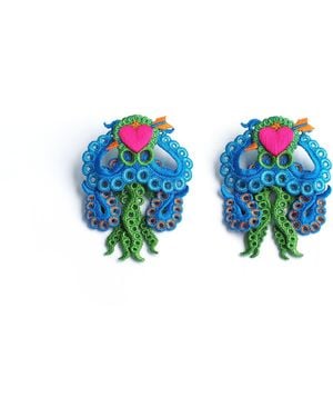 Nana Watanabe Arrow & Octopus Embroidery Earrings - Blue