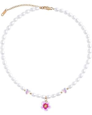 My Little Nature Plumeria Flower And Glass Hearts Handmade Freshwater Pearl Necklace -Designer Pearl Wedding Necklace - Metallic