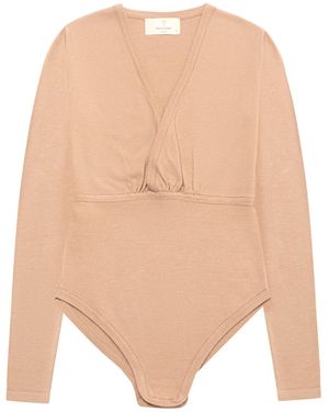 Peraluna Devon V-Neck Knit Snap-Closure Bodysuit - Natural