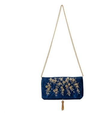 Artemis Muse Japanese Blossoms Metallic Champagne & Embroidered Velvet Bag - Blue