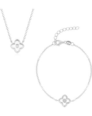 Spero London Enamel Four Leaf Clover Necklace & Bracelet Set With Gemstone - White
