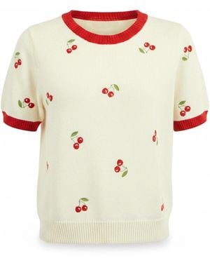 Yumi' Ivory Cherry Cotton Knitted Top - Natural