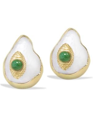 Vintouch Italy The Eye-Plated Emerald & Pearl Stud Earrings - Green