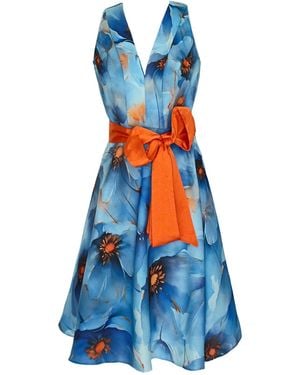 Richa Sharma Sunset Bloom Floral Dress With Belt - Blue