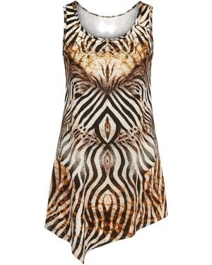 Conquista Sleeveless Asymmetric Midi Dress With Zebra-Inspired Abstract Print - White