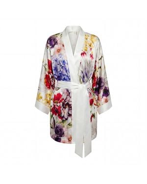 Vimissia Wild Bloom Short Silk Kimono Style Robe - White