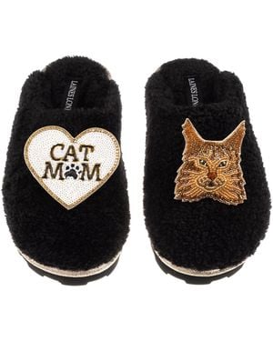 Laines London Teddy Closed Toe Slippers With Cat Mum/Mom & Maine Coon Cat Brooches - Black