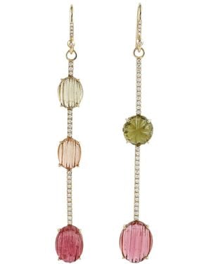 Artisan Carved Tourmaline & Diamond Linear Drop Earrings - Pink