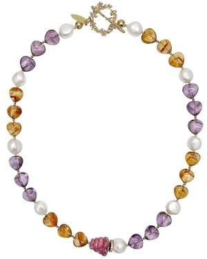 Farra Heart Citrine And Amethyst With Raspberry And Pearls Necklace - Metallic