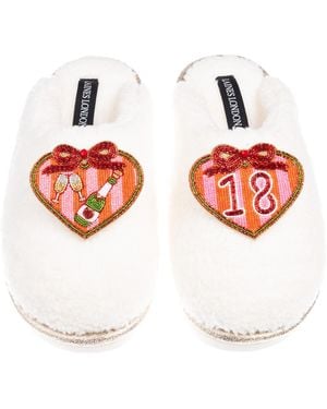 Laines London Neutrals Teddy Closed Toe Slippers With 18Th Stripe Heart Birthday Brooches - Red