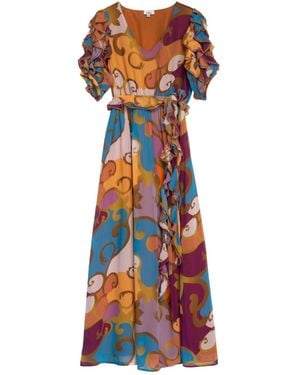 Niza Long Flowing Kimono Style Dress With Ornamental Print - Red