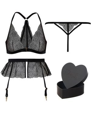 Tallulah Love Midnight Rose Gift Set: Bralette, Suspender, Thong & Gift Box - Black