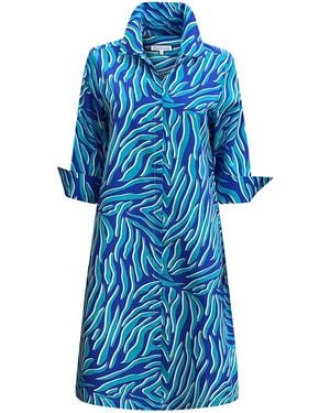 Perlavera Misty Zebra Tranquil Three Quarter Sleeve Length Gathered Back Midi Dress - Blue