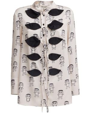 Julia Allert Neutrals Art Print Longline Tie Front Blouse – Ivory - Black