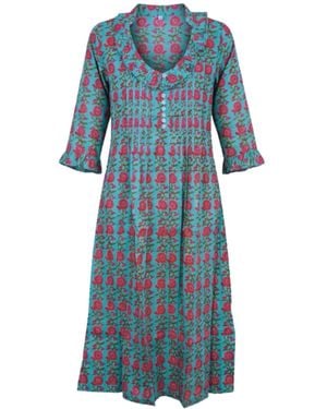 At Last Cotton Karen 3/4 Sleeve Day Dress - Blue