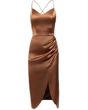Nomi Fame Selena Satin Midi Dress With Straps And Draped Skirt - Brown