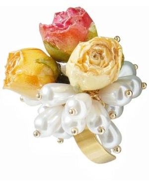 I'MMANY LONDON Real Flower Queen Anne Triple Rosebuds And Pearls Open Ring - Metallic