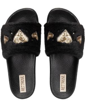 Rettrose Ella Luxury Plush Diamanté Embellished Handmade Sliders - Black