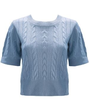 Zenzee Cashmere Cable Knit Boxy Short Sleeve Sweater - Blue