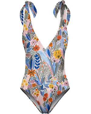 Aloha From Deer Floral Pattern One Piece Swimsuit - Blue