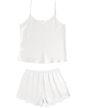 Soft Strokes Silk Pure Mulberry Silk Pearl Camisole And Scalloped Shorts Set - White