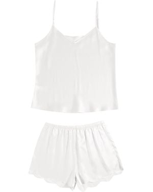 Soft Strokes Silk Pure Mulberry Silk Pearl Camisole And Scalloped Shorts Set - White