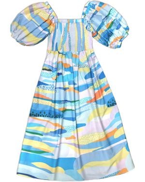 Jessie Zhao New York Landscape Smocked Cotton Silk Dress - Blue