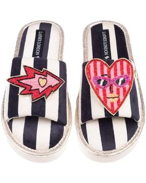 Laines London Flatform Stripe Open Toe Slippers With Electric Love Brooches - Red