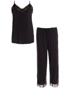 Pretty You London Bamboo Lace Cami Cropped Trouser Set - Black