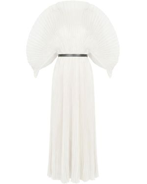 Cy Boutique Pleated Long Dress With Organza Pleated Cape Sleeves - White