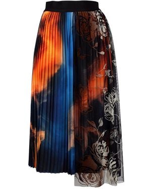 Lalipop Design Pleated Midi Skirt With Asymmetric Floral Flock Tulle Overlay - Blue