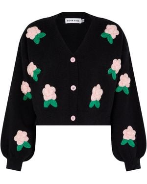 Sour Figs Flower Detail Knit Cardigan - Black