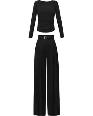 ALINA CERNĂTESCU Damaris Set Classic Fitted Draped Wool Blouse & Tailored Trousers Set With Included Fabric Belt - Black