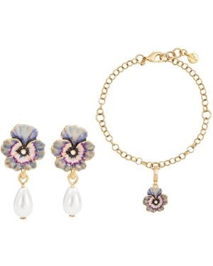 Fable England Pansy Pearl Earrings & Pansy & Pearl Collector Charm Bracelet Set - Metallic