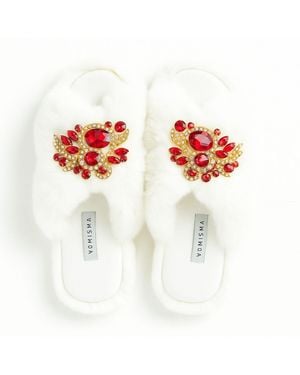 Yomisma Eco Faux Fur Slippers – & Clear Rhinestone Brooch - Red