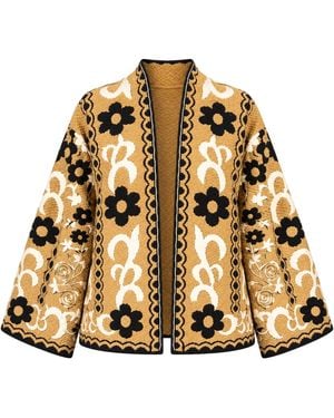 IZABELA MANDOIU Golden Camel, & Ivory Floral Alpaca & Wool Blend Cardigan - Metallic