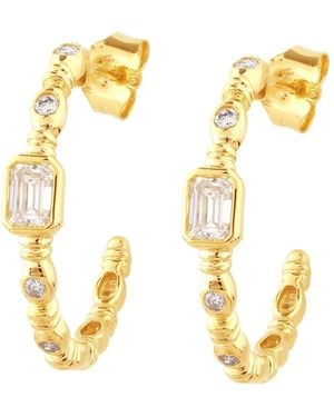 Artisan Emerald Cut & Round Diamond Beaded Hoop Earrings - Metallic