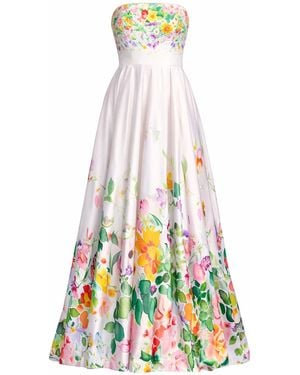 Mac Duggal Floral Print Strapless Satin A Line Gown With Pockets - White